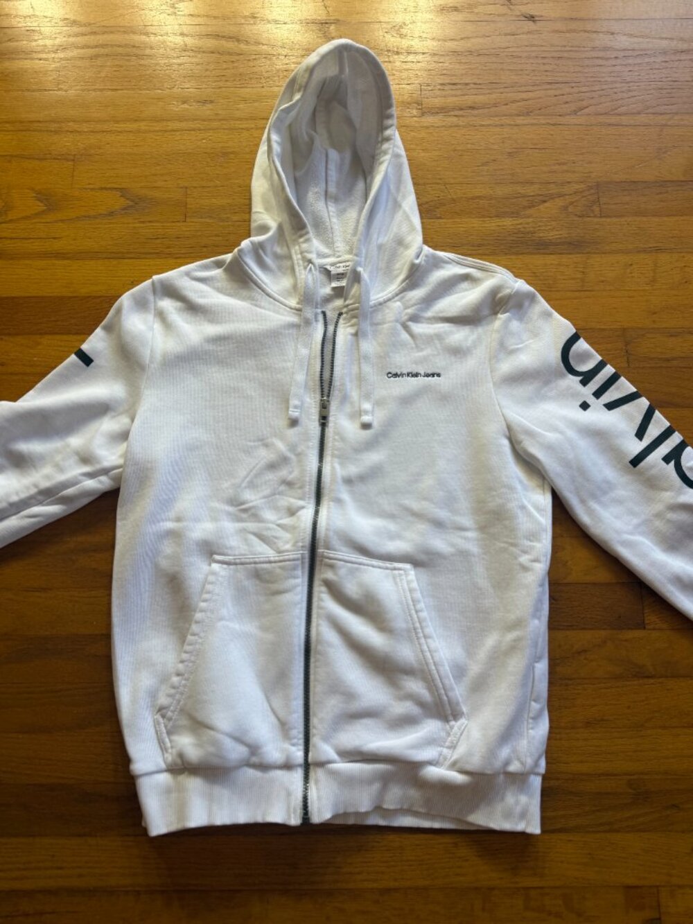Calvin Klein Jeans Men's White Full Zip Spellout Graphic Hoodie Small